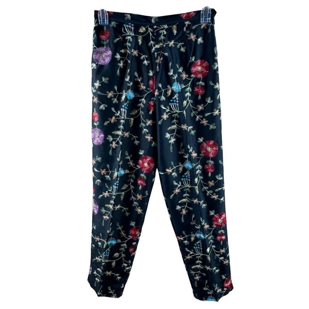 Silkland Vintage Floral Embroidered Silk Lined Pants Women's 6 Black Colorful